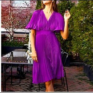 Express Women Sz XS Pleated Dress Smocked Waist Bell Sleeves Party Cocktail Midi